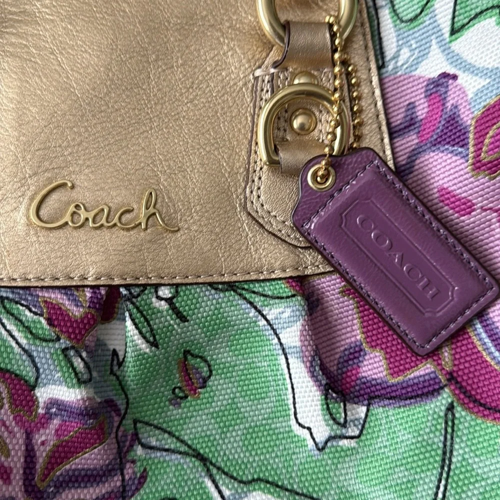 Coach Green, Purple and Gold Floral Satchel - Picture 3 of 6